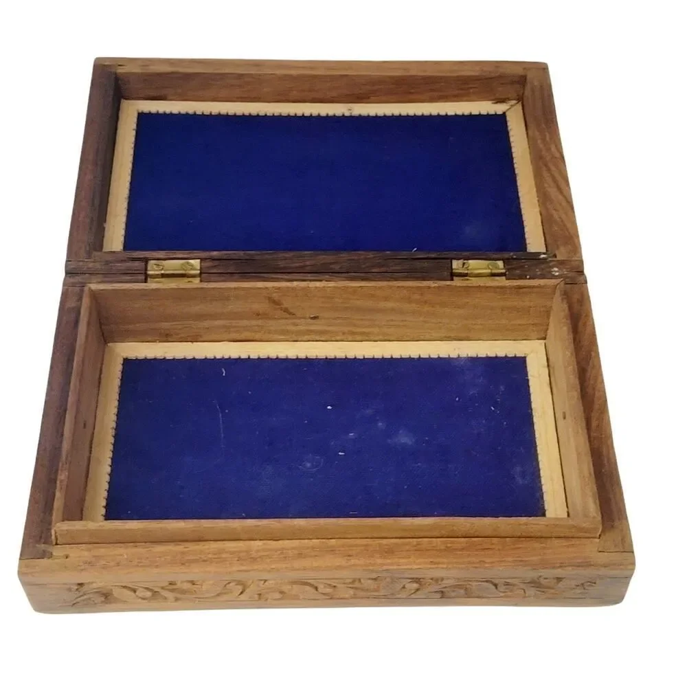 Hand Carved Wooden Box Flowers Trinket Jewelry‎ Blue Velvet Fabric Lined 8